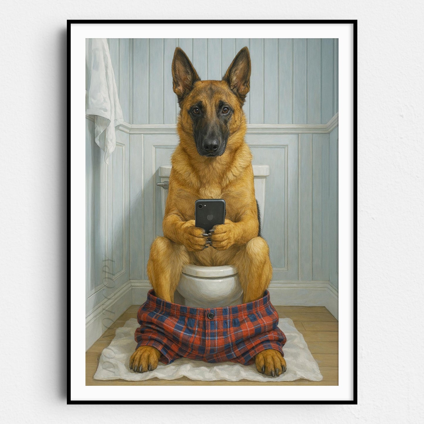 Belgian Malinois Dog On The Phone On The Toilet