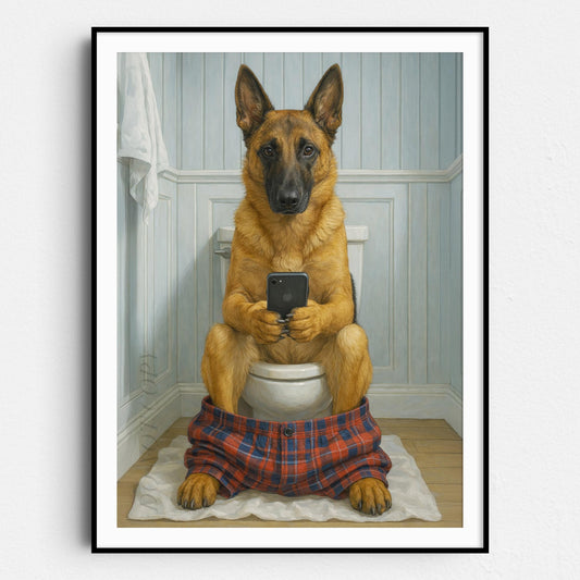 Belgian Malinois Dog On The Phone On The Toilet