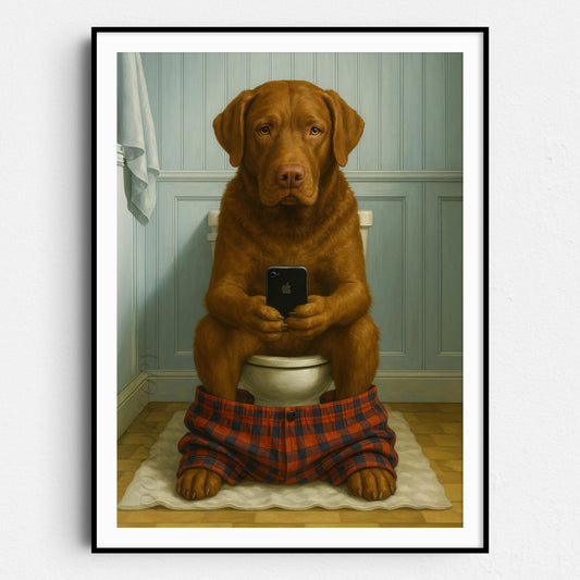 Chesapeake Bay Retriever Dog On The Phone On The Toilet