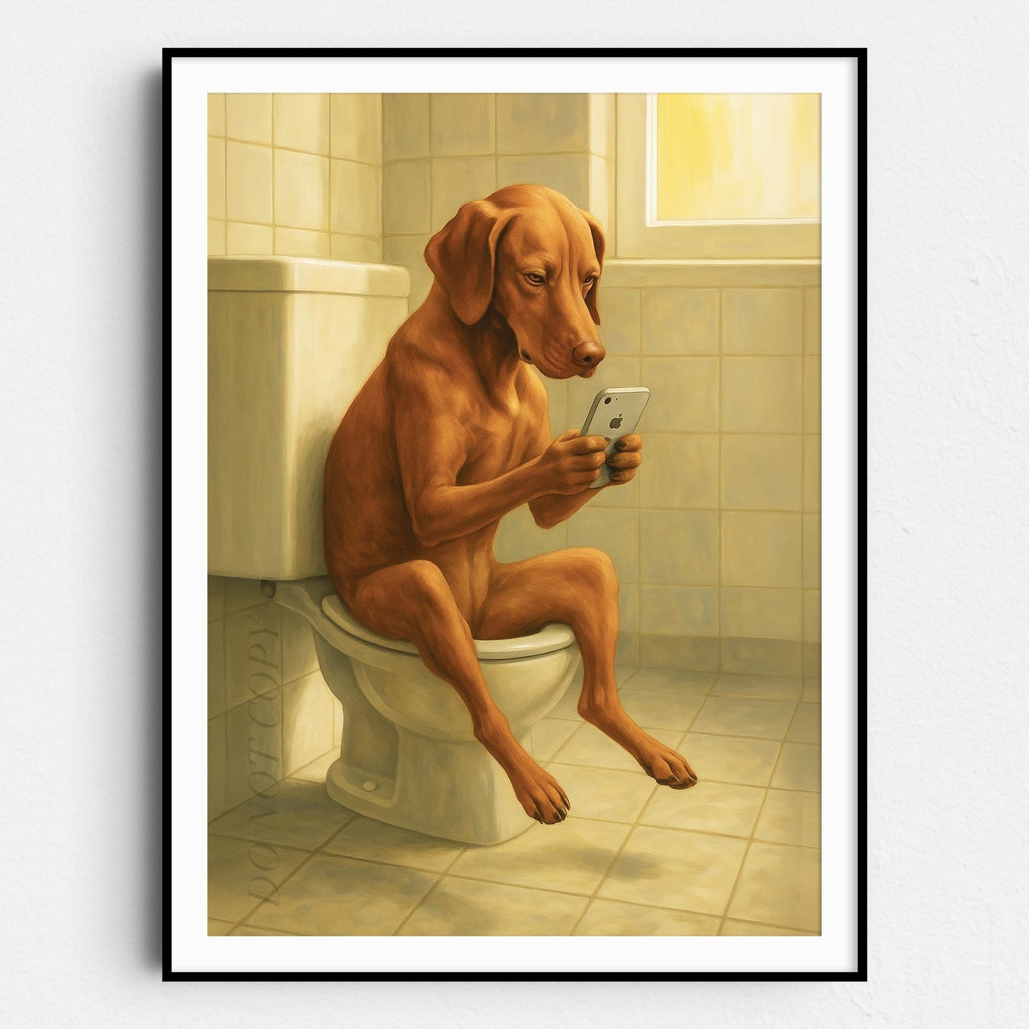 Vizsla Dog On The Phone On The Toilet