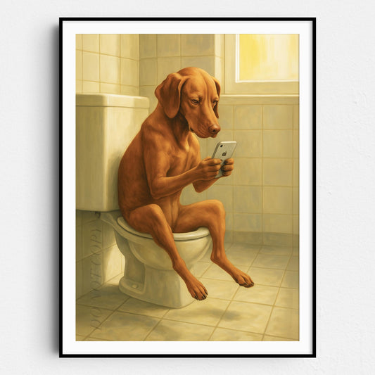 Vizsla Dog On The Phone On The Toilet