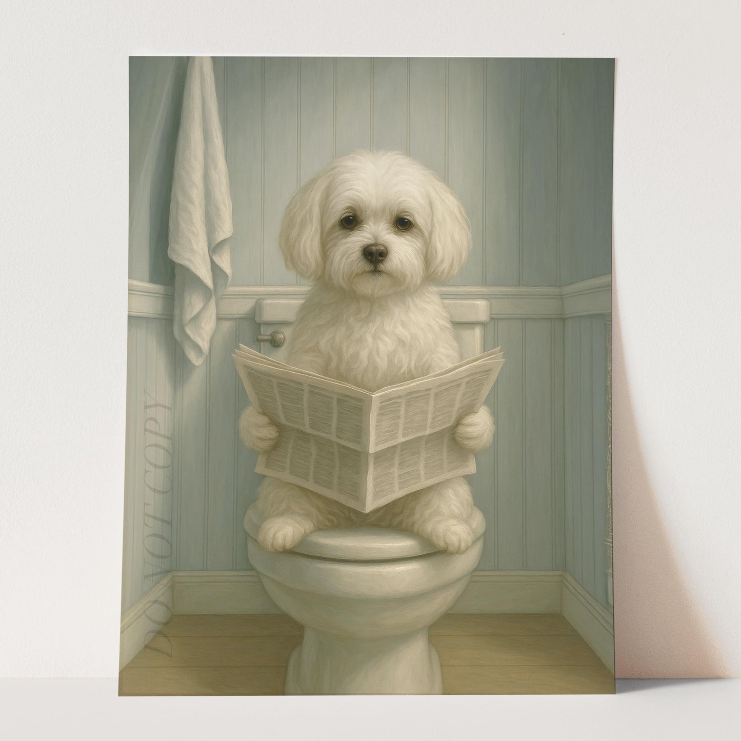 Maltese Dog On The Toilet Reading The Newspaper