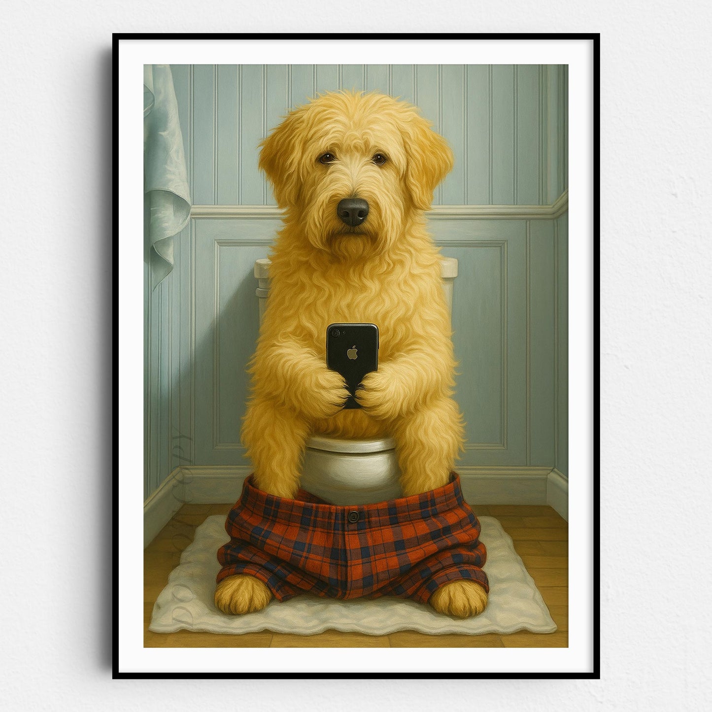 Soft Coated Wheaten Terrier Dog On The Phone On The Toilet