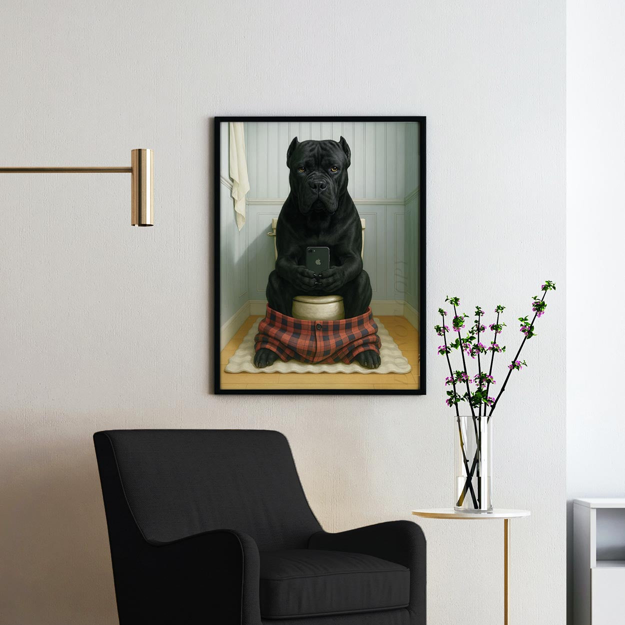 Cane Corso Dog On The Phone On The Toilet