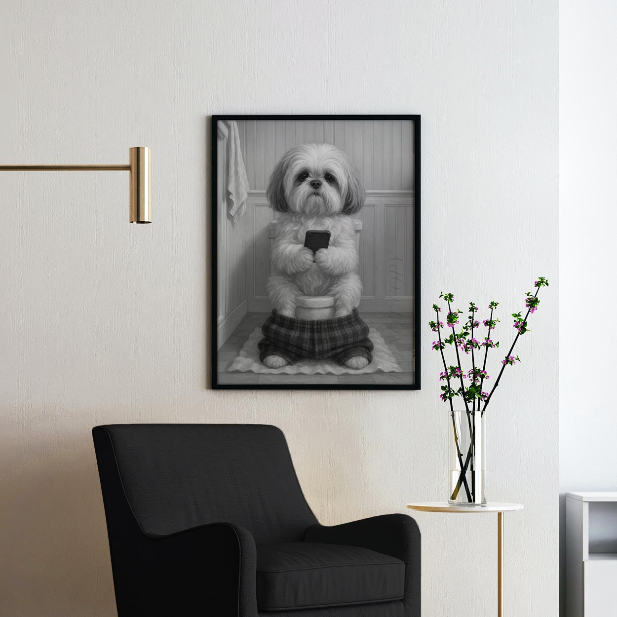 Shih Tzu Dog On The Phone On The Toilet