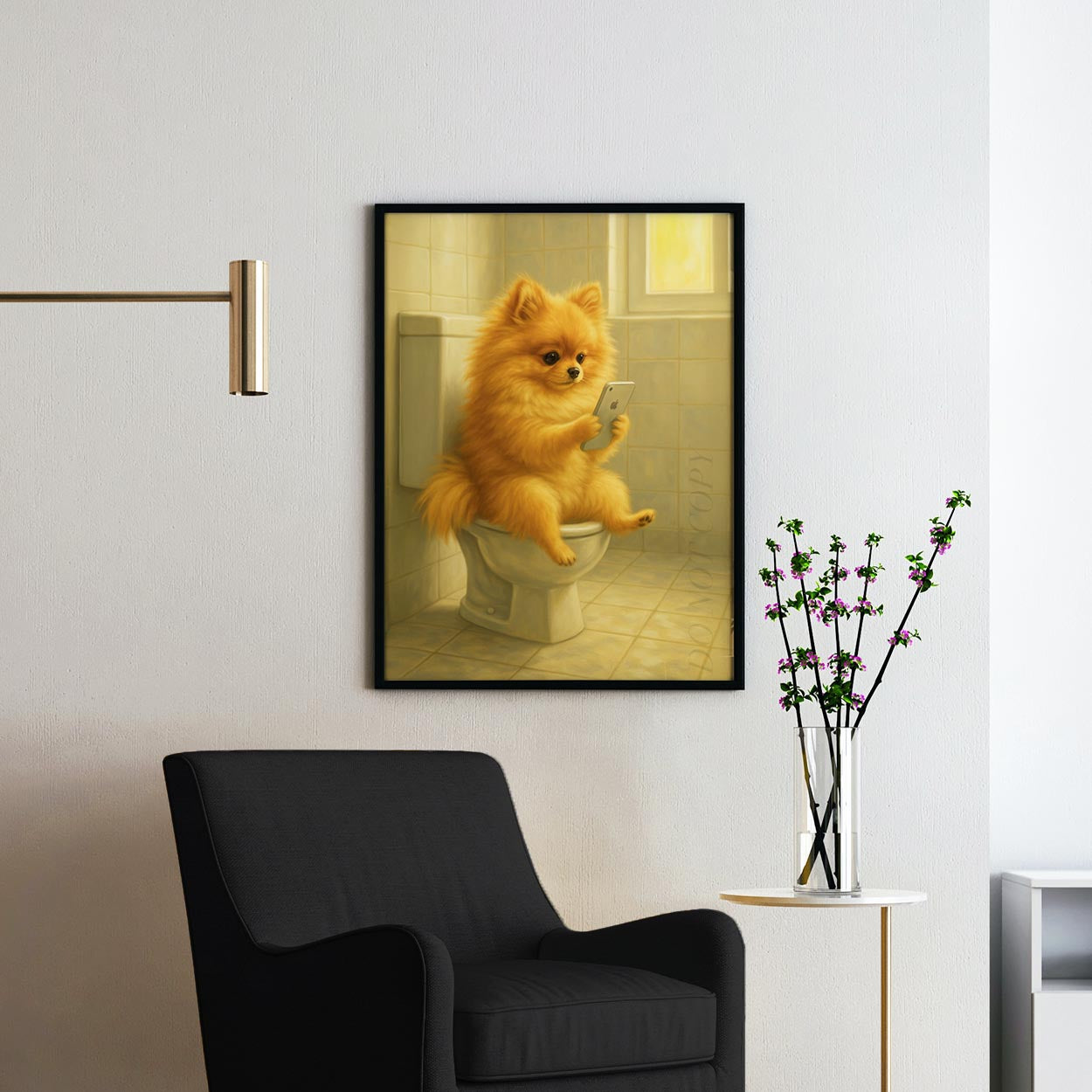 Pomeranian Dog On The Phone On The Toilet