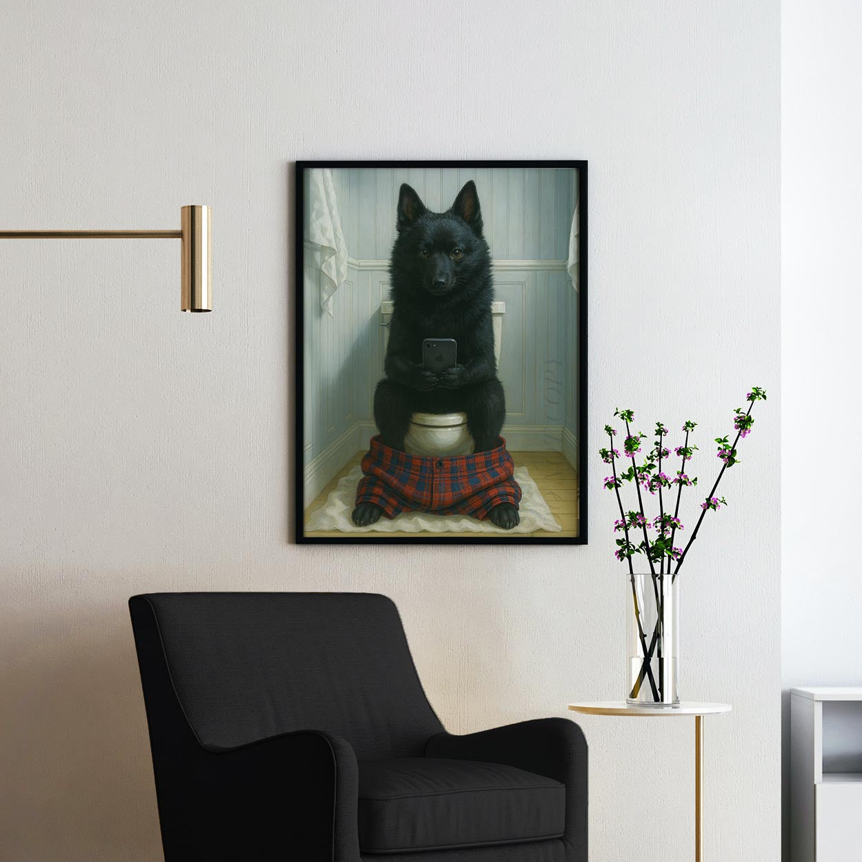 Schipperke Dog On The Phone On The Toilet