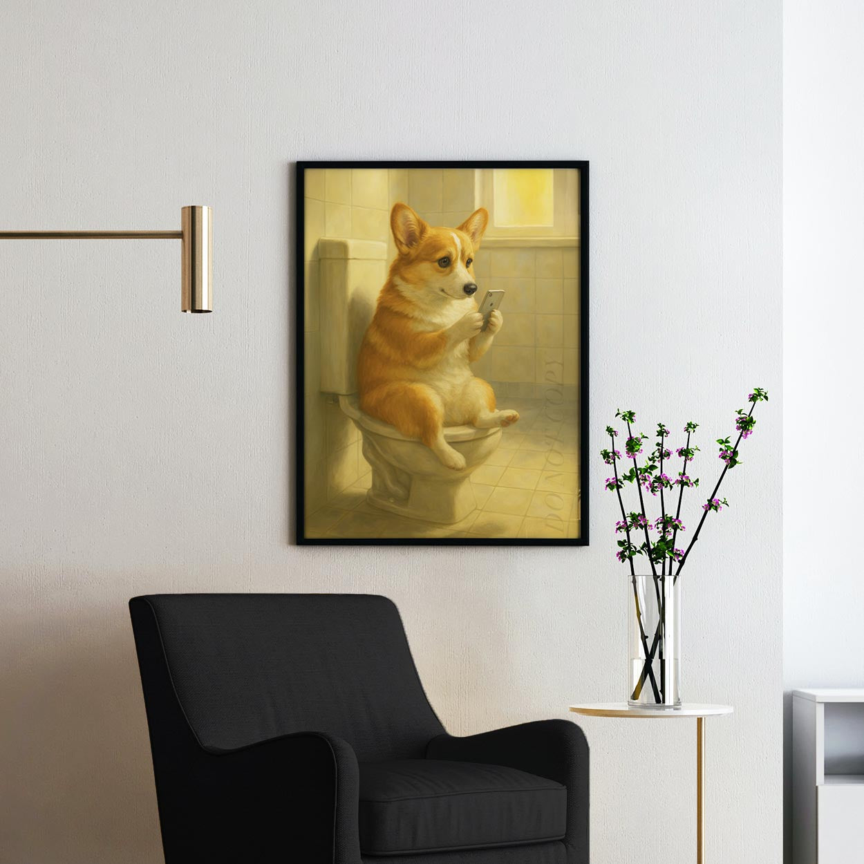 Corgi Dog On The Phone On The Toilet