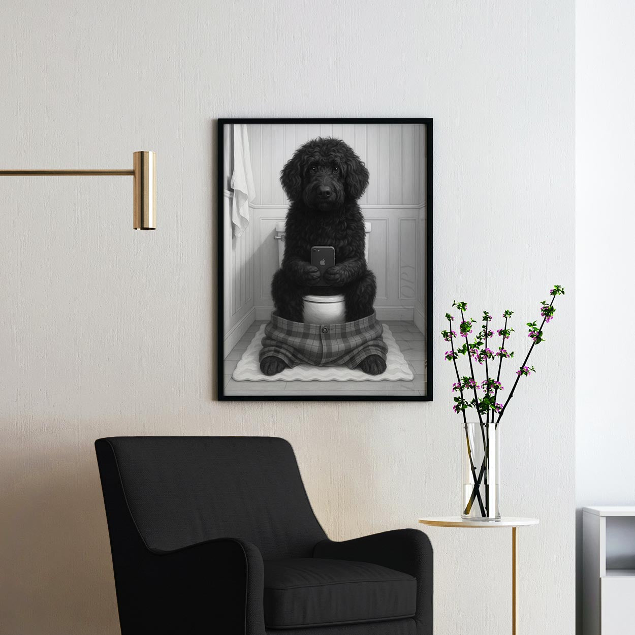 Portuguese Water Dog On The Phone On The Toilet