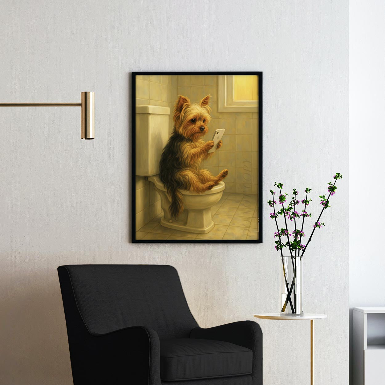 Yorkshire Terrier Dog On The Phone On The Toilet