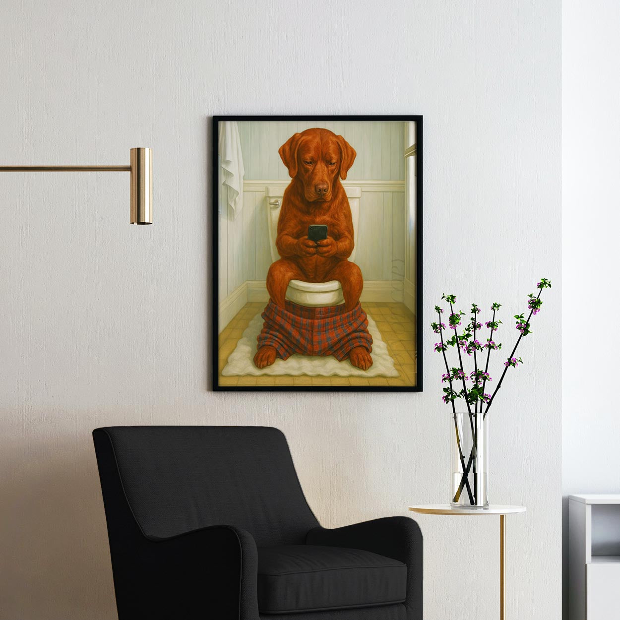 Red Labrador Retriever Dog On The Phone On The Toilet