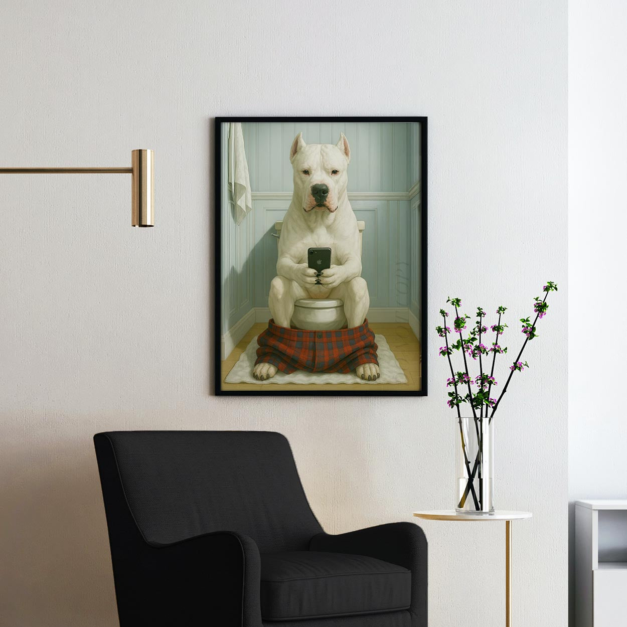 Dogo Argentino Dog On The Phone On The Toilet