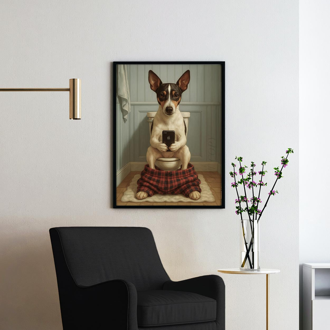 Rat Terrier Dog On The Phone On The Toilet