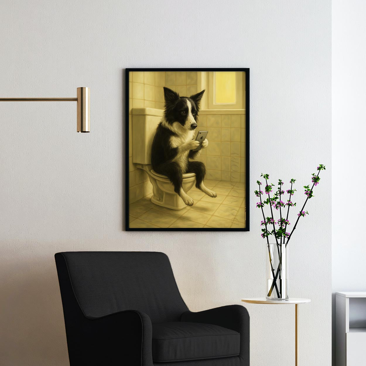 Border Collie On The Phone On The Toilet