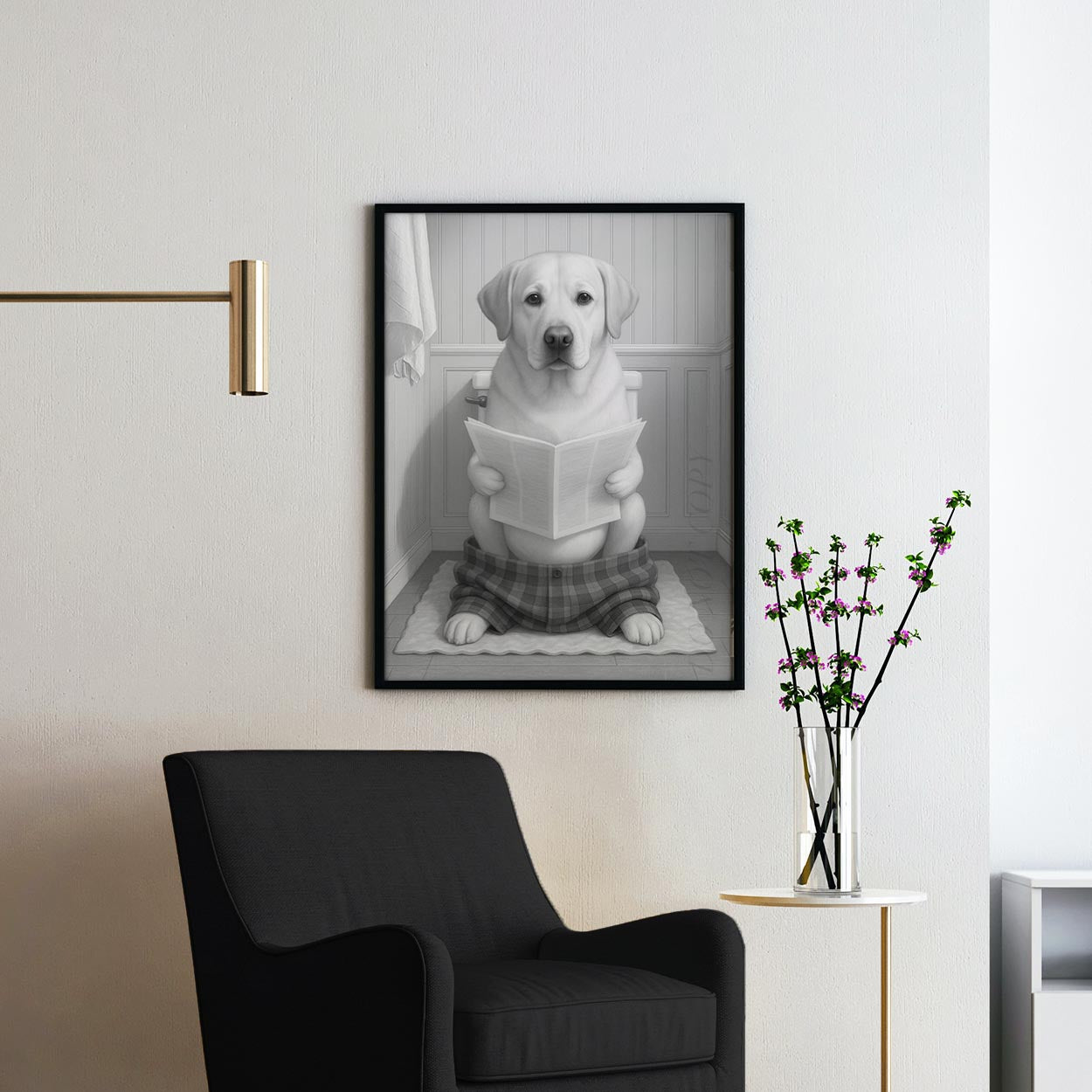 Yellow Labrador Retriever Dog Reading The Newspaper On The Toilet