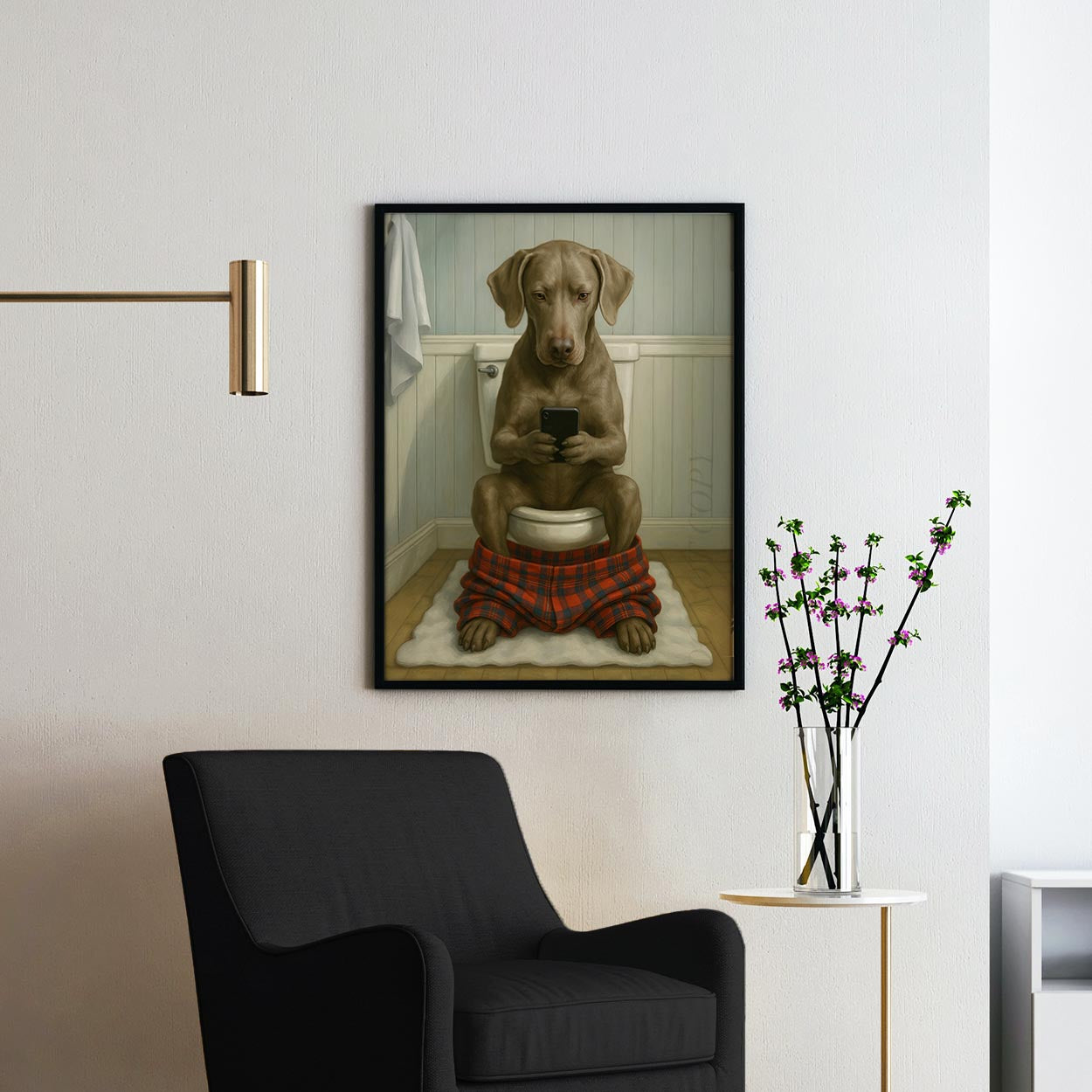 Weimaraner Dog On The Phone On The Toilet