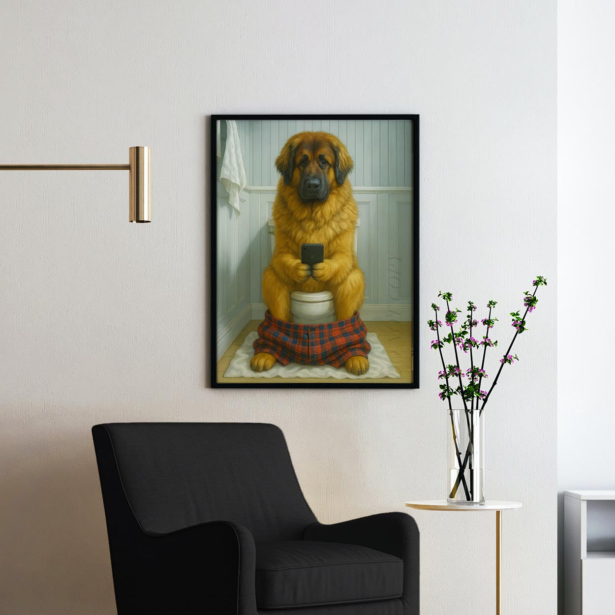 Leonberger Dog On The Phone On The Toilet