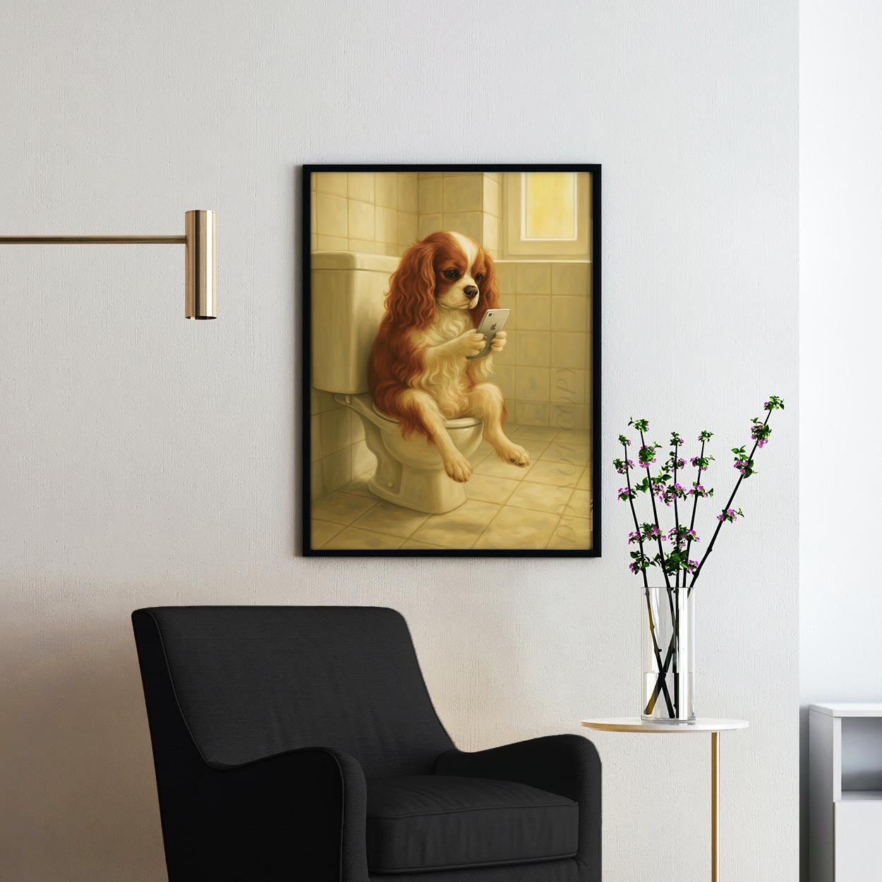King Cavalier Dog On The Phone On The Toilet