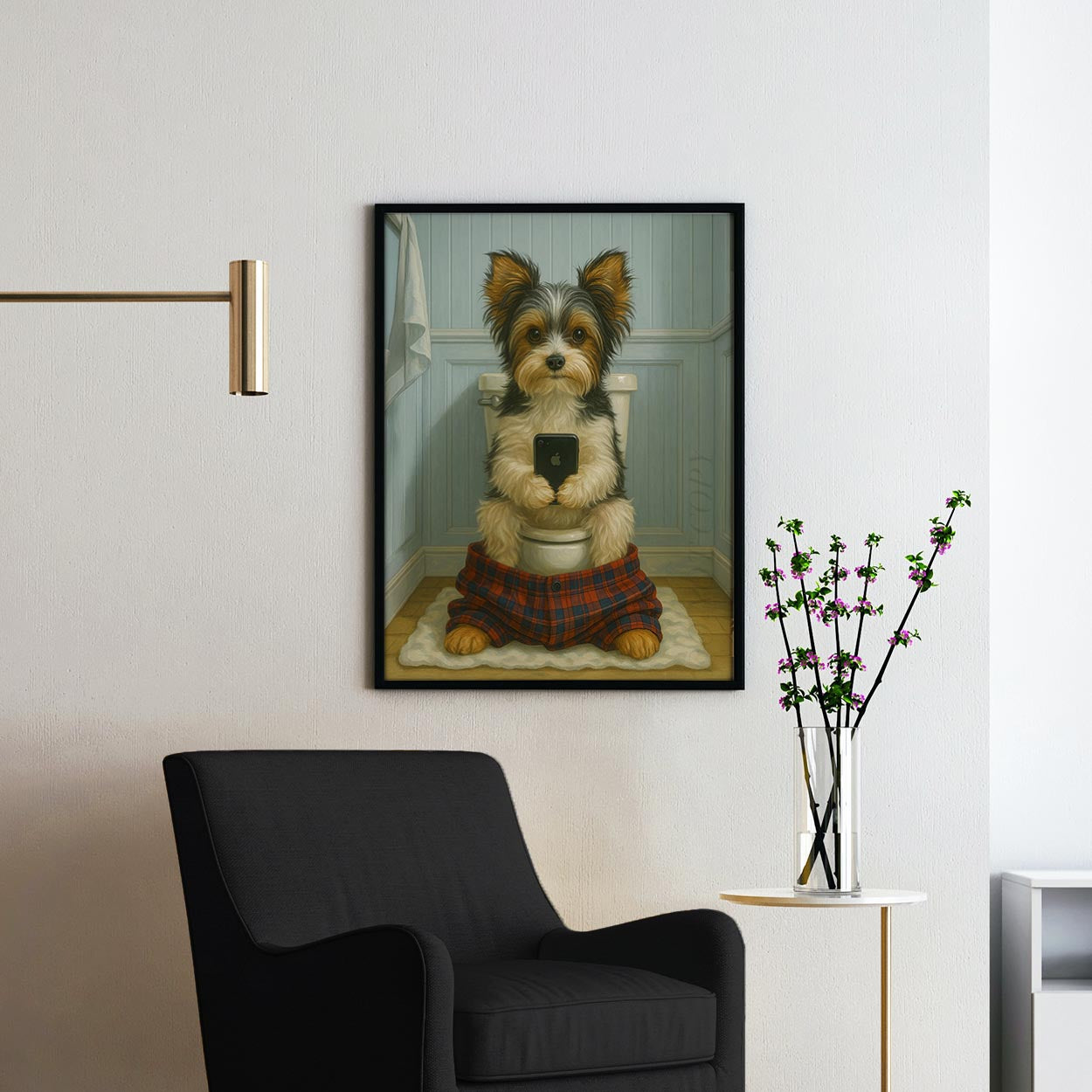 Biewer Terrier Dog On The Phone On The Toilet