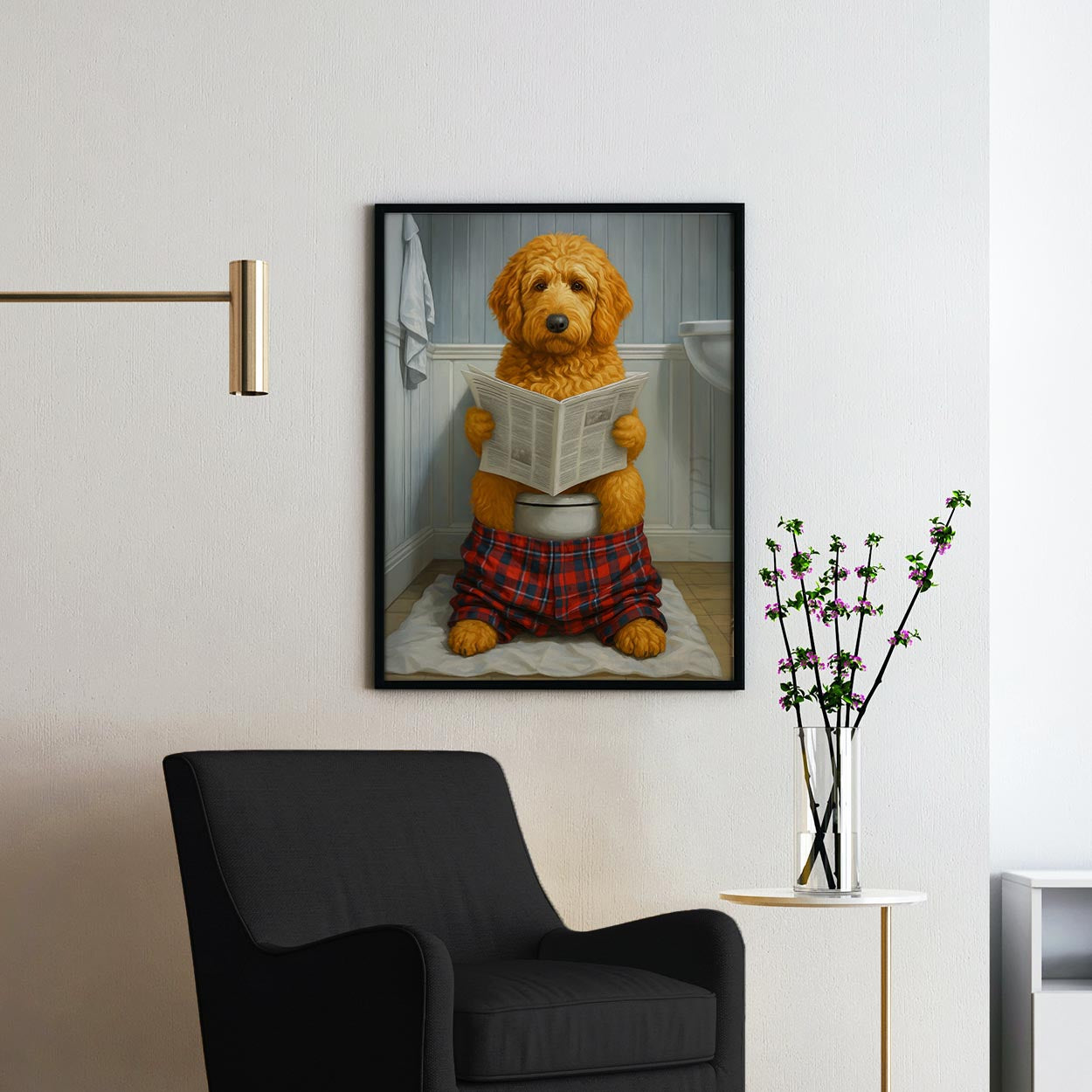 Golden Doodle Dog Reading The Newspaper On The Toilet