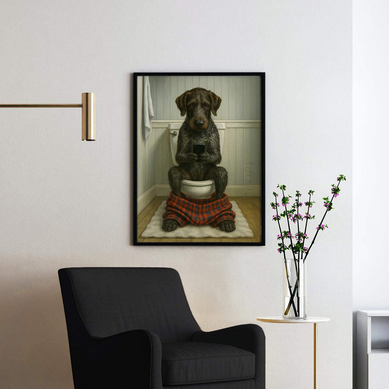 German Wirehaired Pointer Dog On The Phone On The Toilet