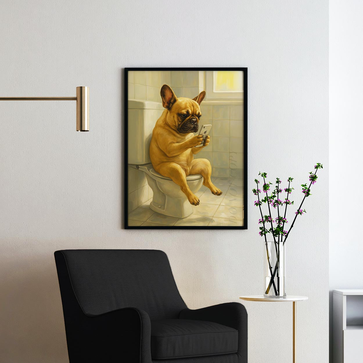 French Bulldog On The Phone On The Toilet