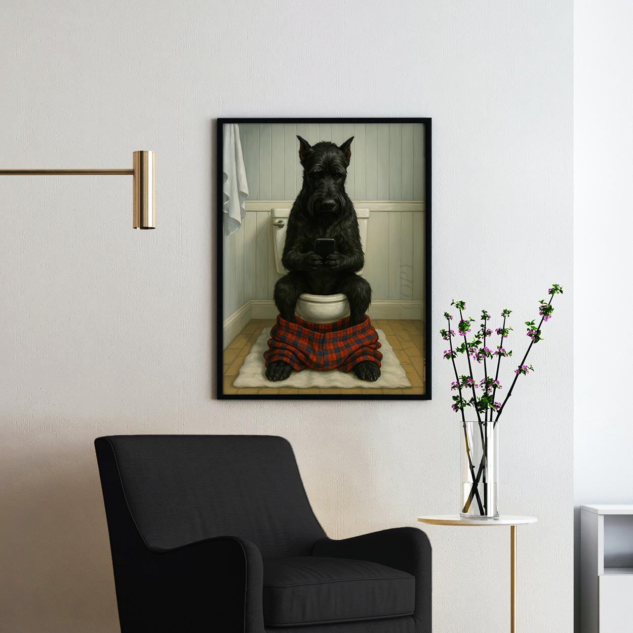 Giant Schnauzer Dog On The Phone On The Toilet