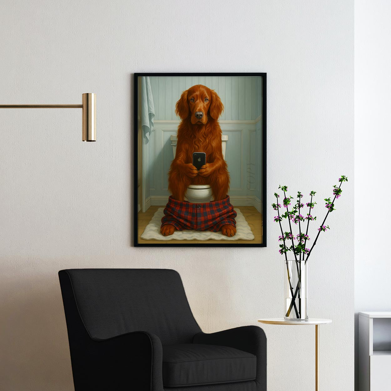 Irish Setter Dog On The Phone On The Toilet