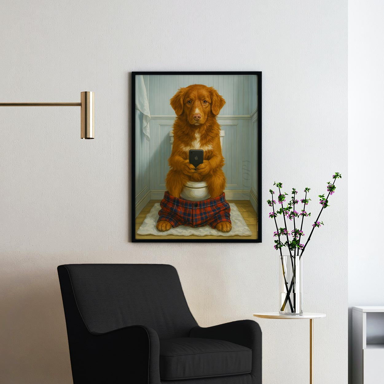 Nova Scotia Duck Tolling Retriever Dog On The Phone On The Toilet