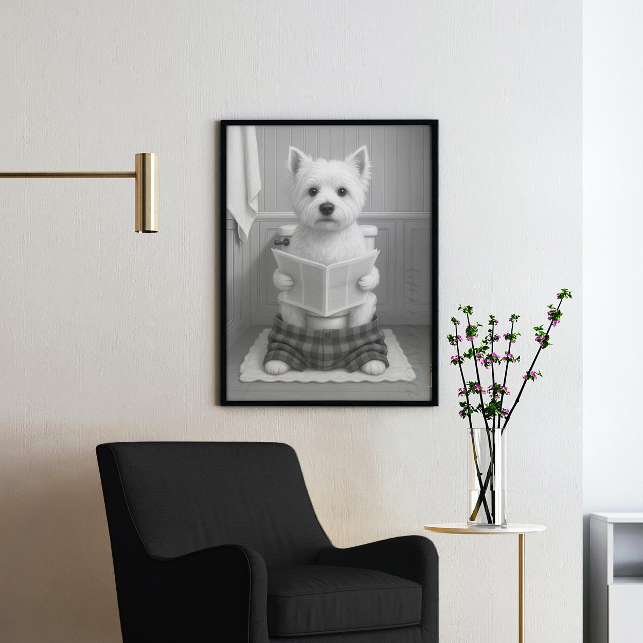 West Highland White Terrier Dog Reading The Newspaper On The Toilet
