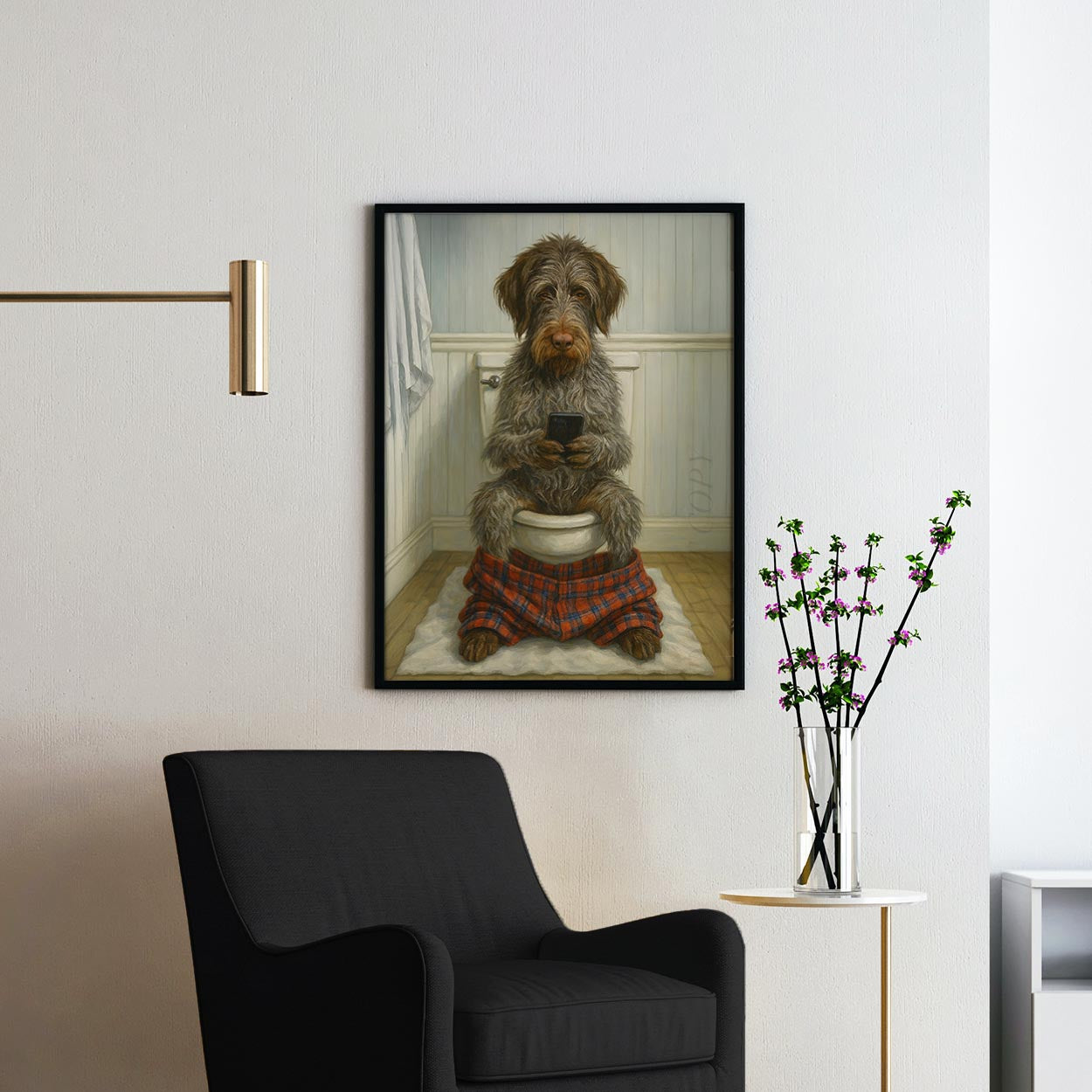 Wirehaired Pointing Griffon Dog On The Phone On The Toilet
