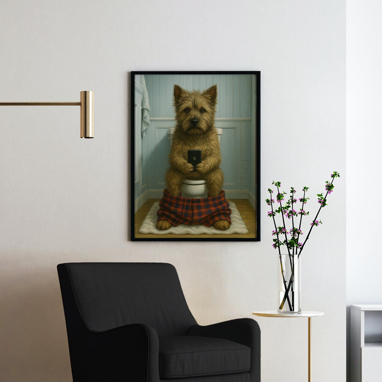 Cairn Terrier Dog On The Phone On The Toilet
