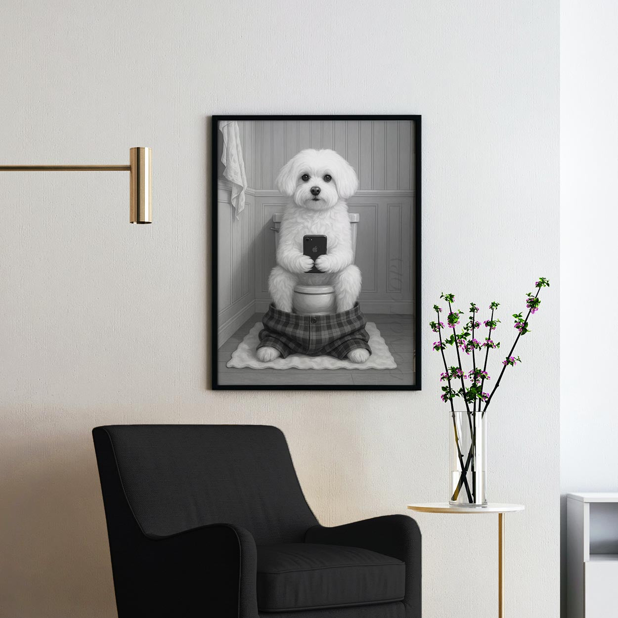 Maltese Dog On The Phone On The Toilet