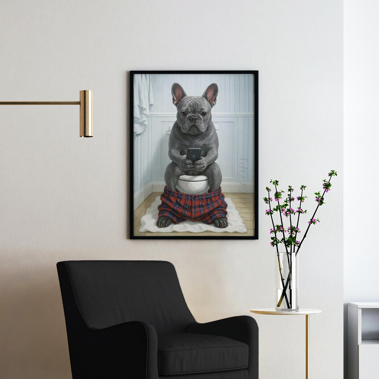 Grey French Bulldog On The Phone On The Toilet
