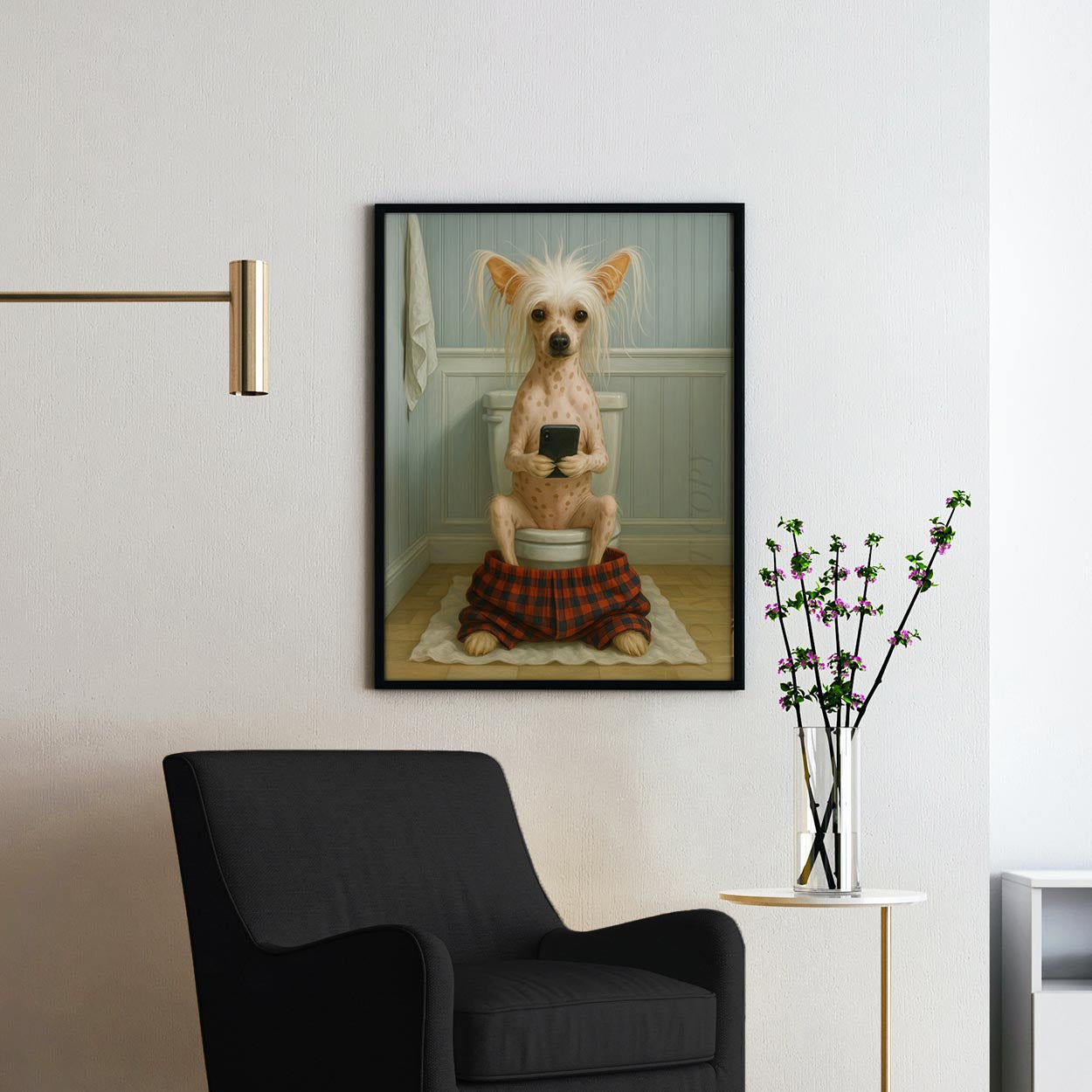 Chinese Crested Dog On The Phone On The Toilet