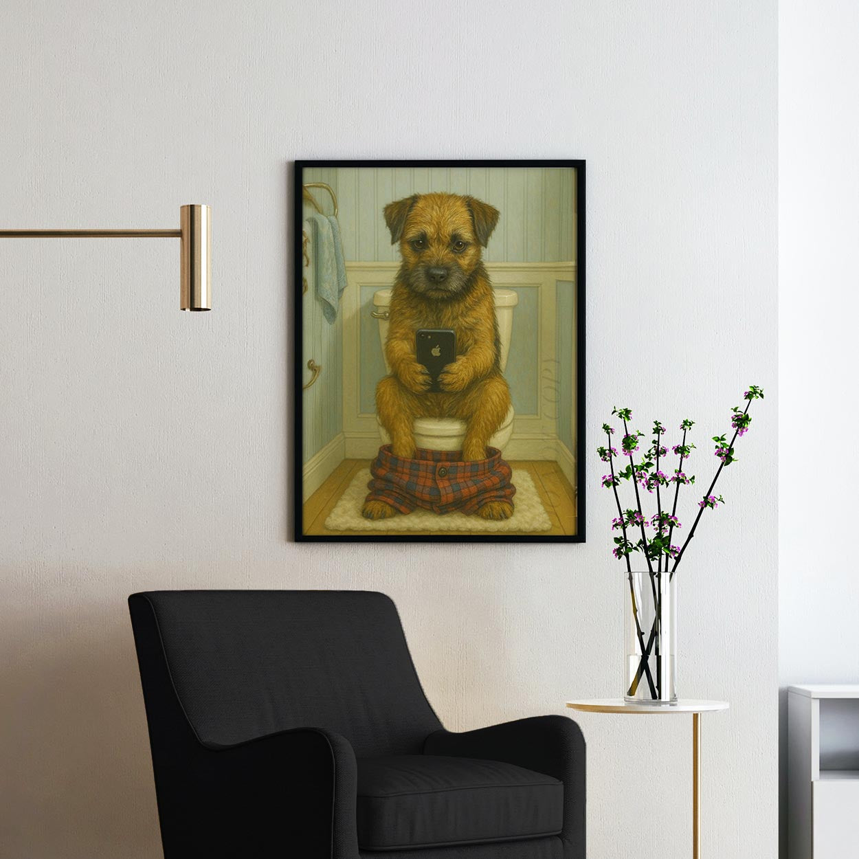 Border Terrier Dog On The Phone On The Toilet