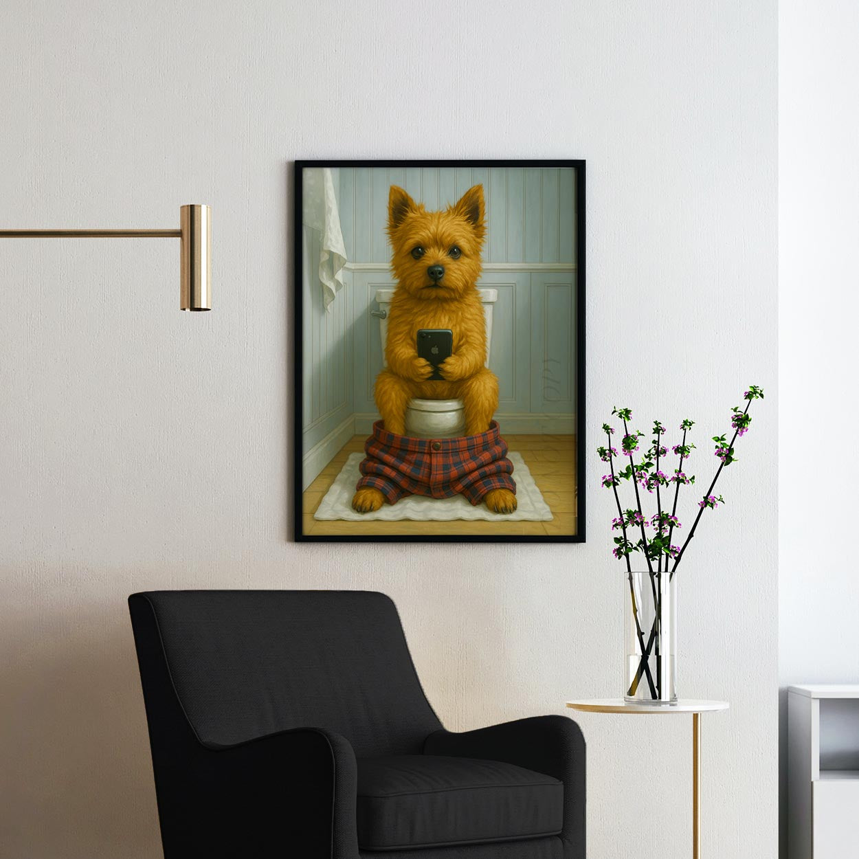 Norwich Terrier Dog On The Phone On The Toilet