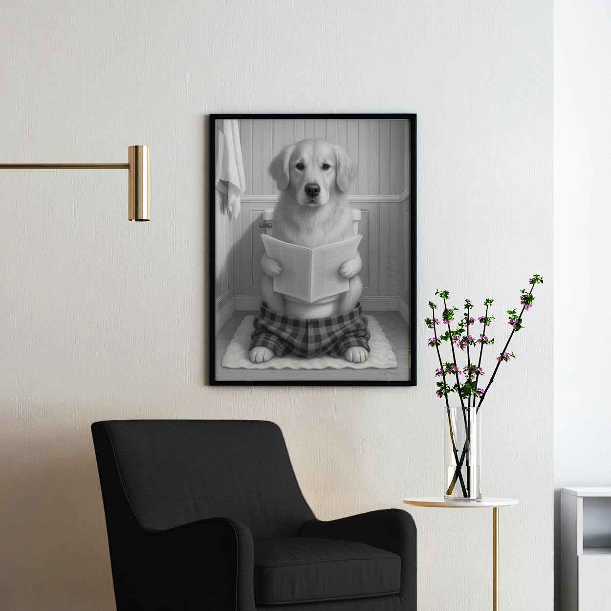 Golden Retriever Dog Reading The Newspaper On The Toilet