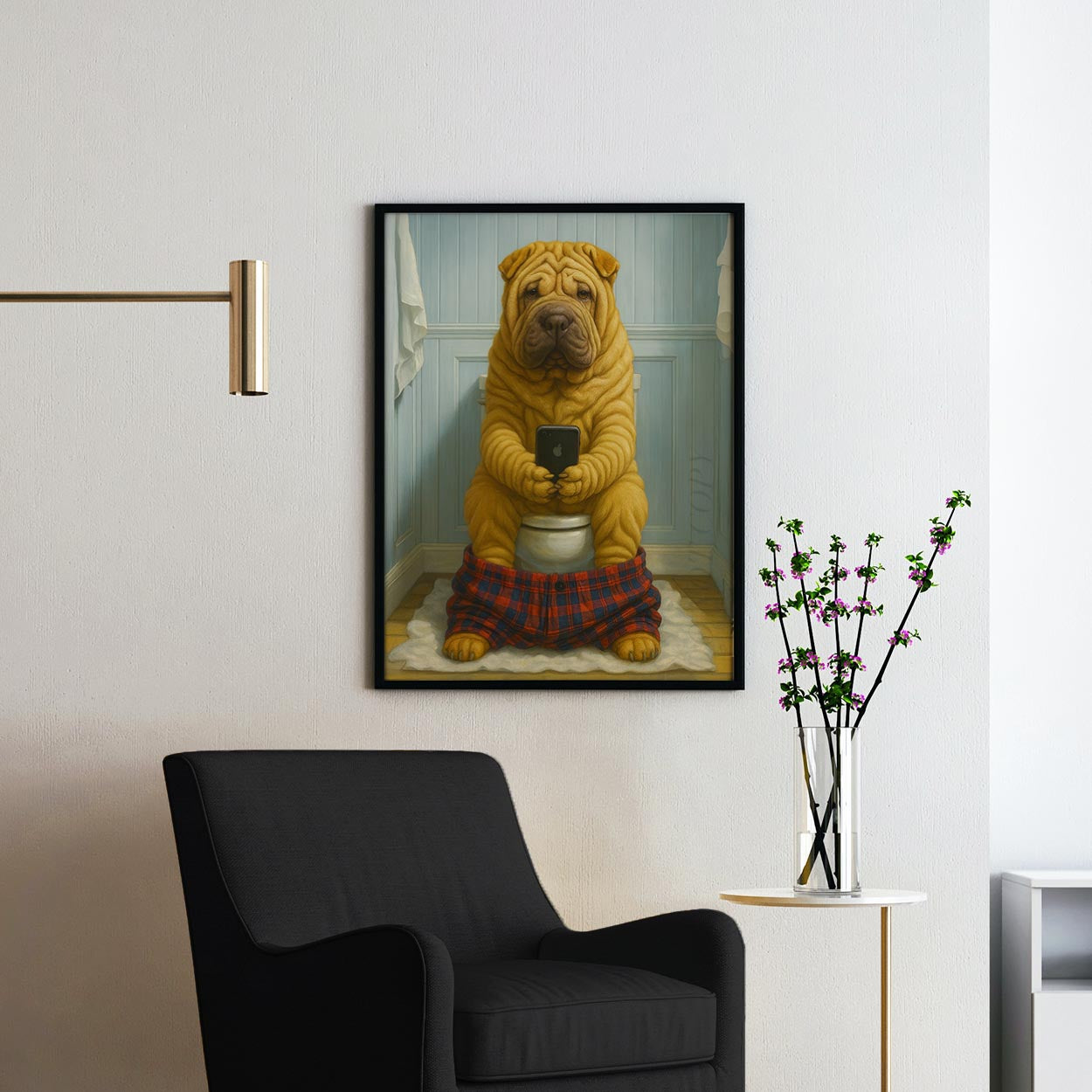 Chinese Shar-Pei Dog On The Phone On The Toilet