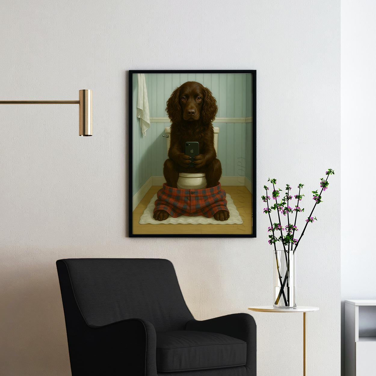 Boykin Spaniel Dog On The Phone On The Toilet