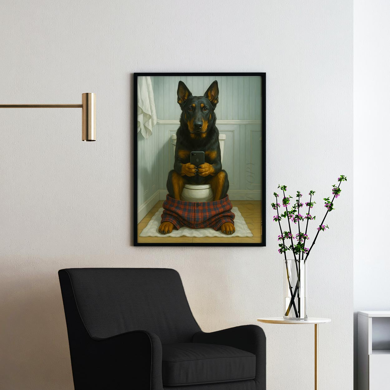 Beauceron Dog On The Phone On The Toilet