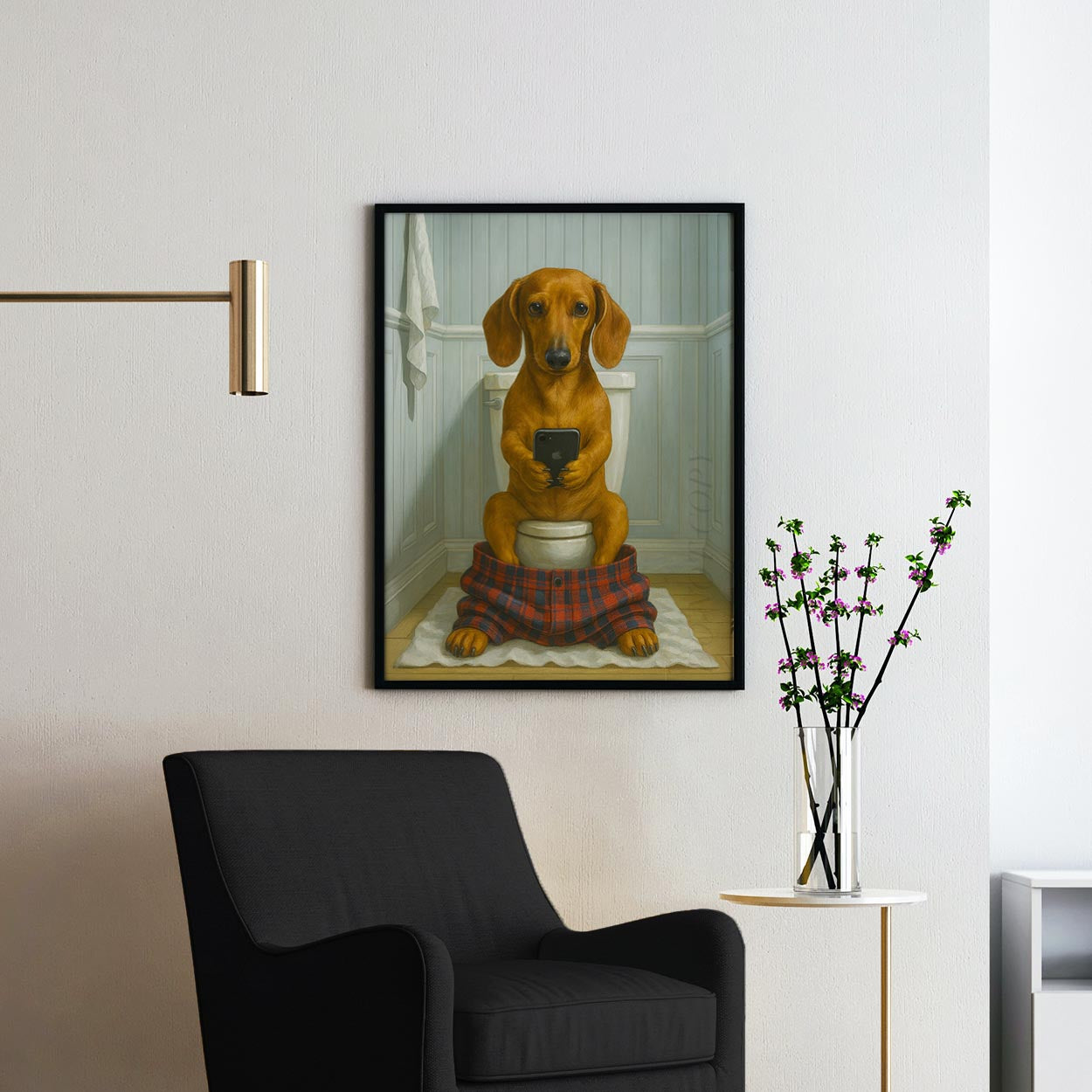 Dachshund Dog On The Phone On The Toilet