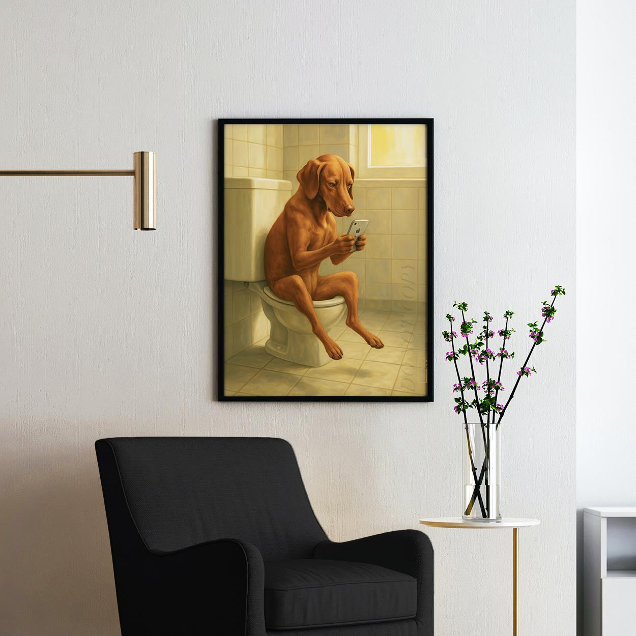 Vizsla Dog On The Phone On The Toilet