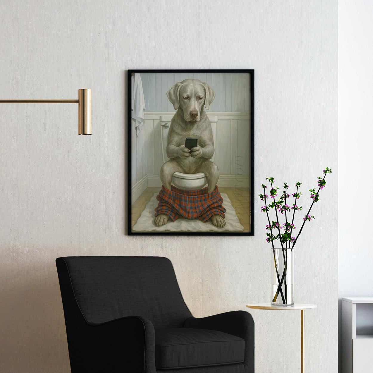 Silver Labrador Retriever Dog On The Phone On The Toilet