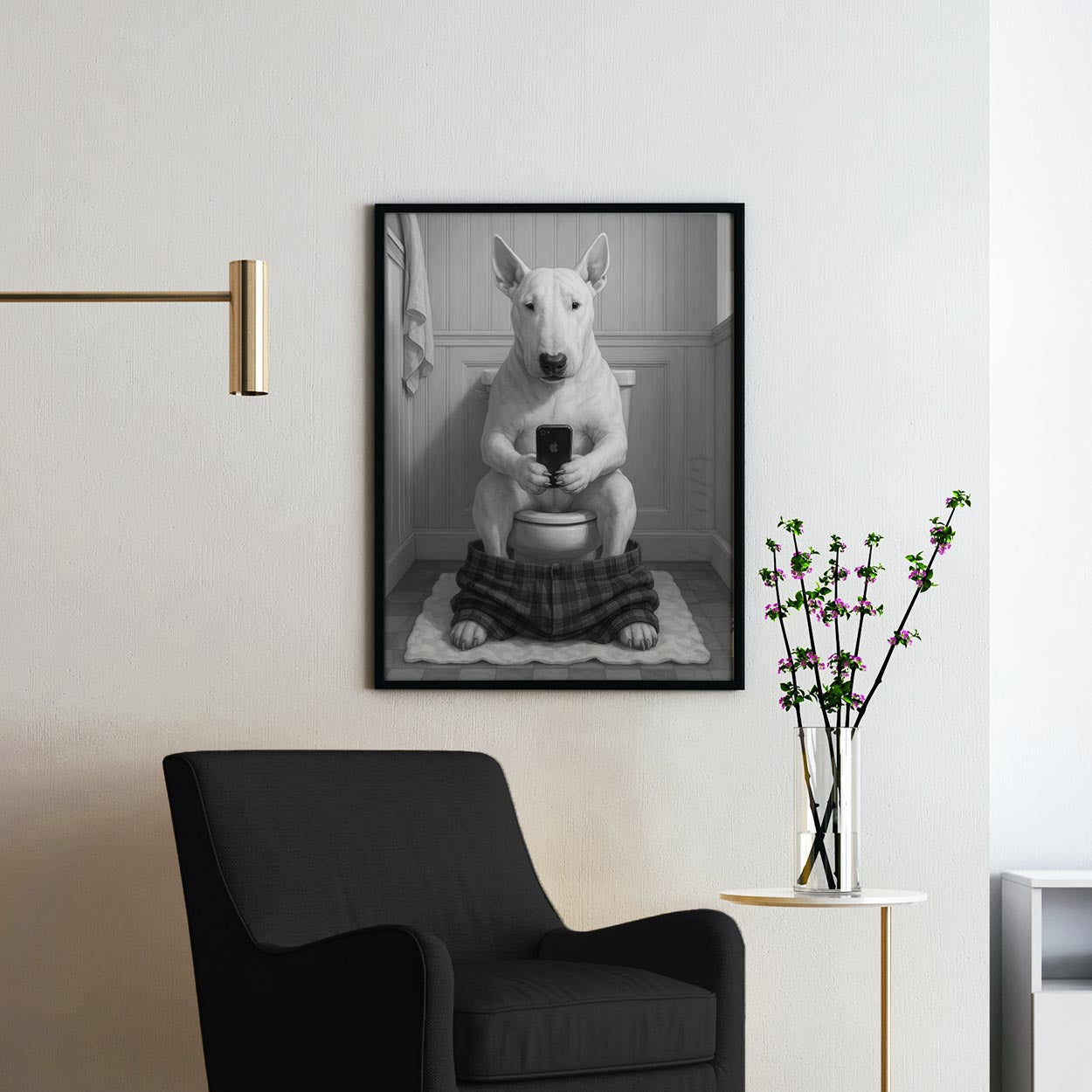 Bull Terrier Dog On The Phone On The Toilet