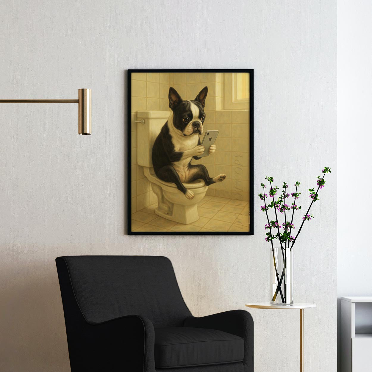 Boston Terrier Dog On The Phone On The Toilet