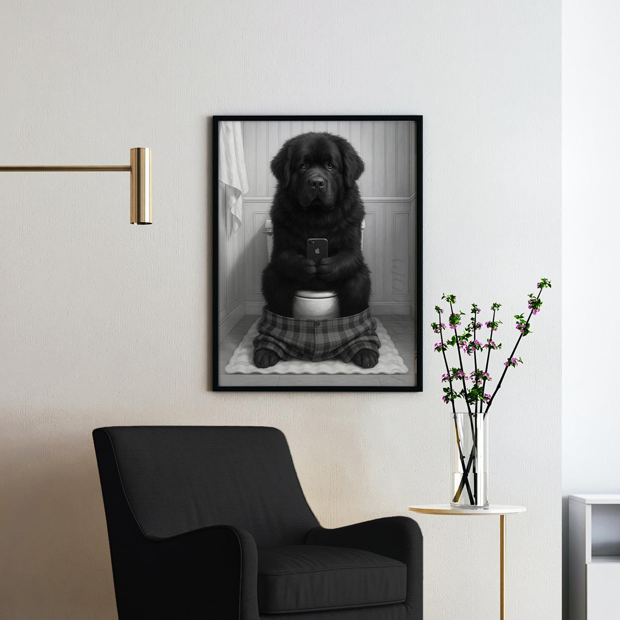Newfoundland Dog On The Phone On The Toilet