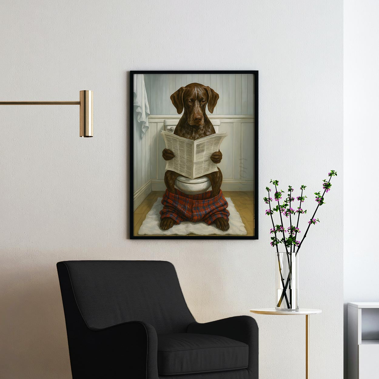 German Shorthaired Pointer Dog Reading The Newspaper On The Toilet