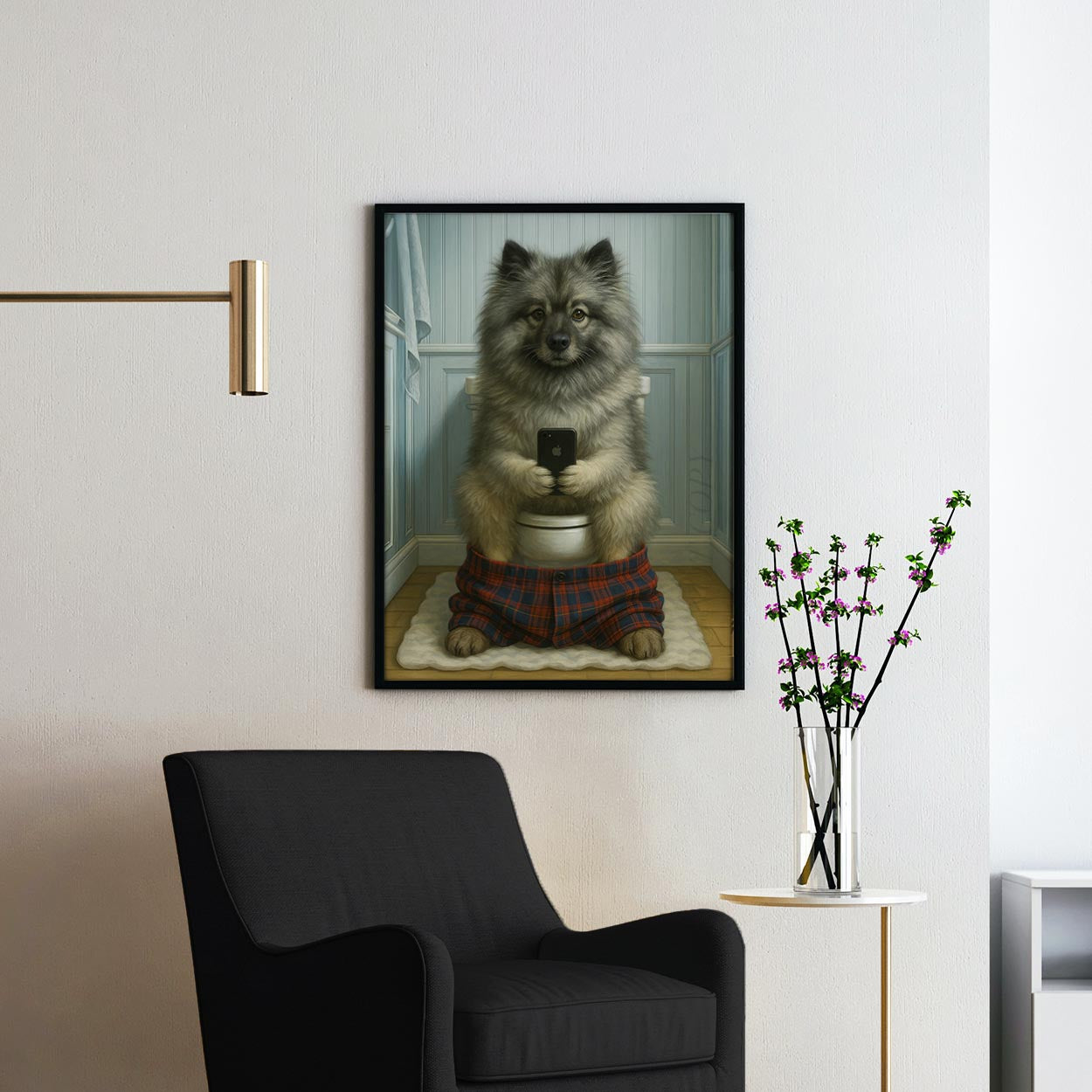 Keeshond Dog On The Phone On The Toilet