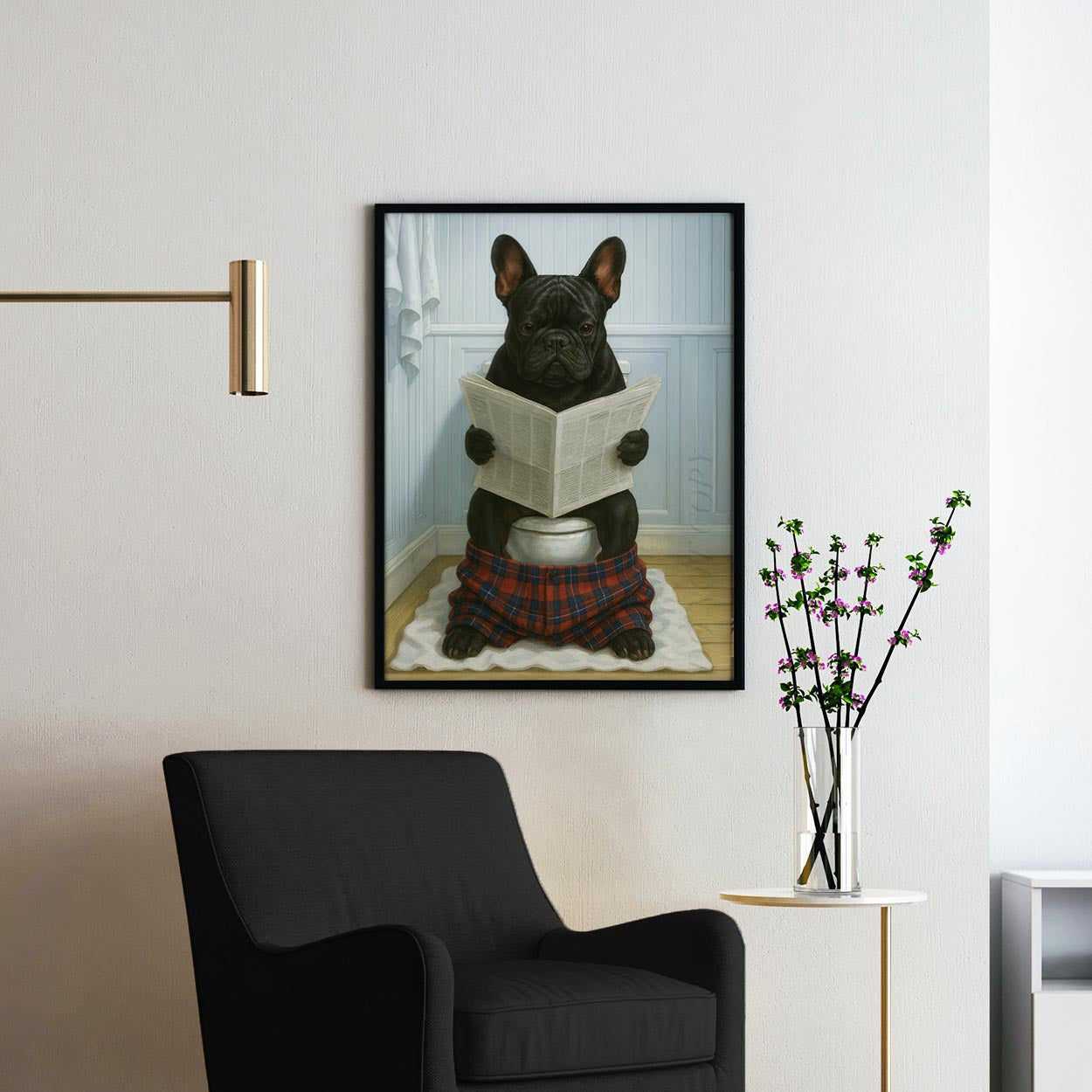 French Bulldog Reading The Newspaper On The Toilet